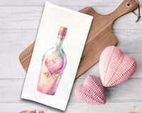 Set of 3 Valentine Wine Bottle Tea Towels Cute Watercolor Pastel Heart Hand Flour Sack Dish Towel Valentine's Birthday Mother's Day Gift