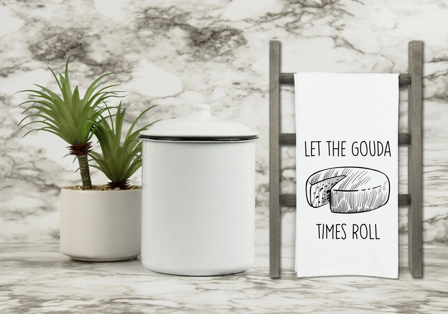 Let the Gouda Times Roll Flour Sack Kitchen Towel with Hanging Loop Funny Tea Towel Housewarming Hostess Mothers Day Cheese Lover Gift