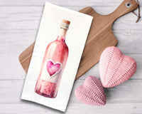 Set of 3 Valentine Wine Bottle Tea Towels Cute Watercolor Pastel Heart Hand Flour Sack Dish Towel Valentine's Birthday Mother's Day Gift