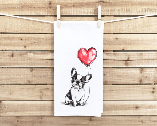 French Bulldog with Heart Balloon Flour Sack Kitchen Towel Frenchie Housewarming Birthday Christmas Valentine's Mother's Day Gift Idea