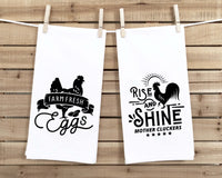 Farm Fresh Eggs and Rise and Shine Mother Cluckers Set of 2 Funny Farmhouse Kitchen Tea Towels Home Decor Housewarming Gift Idea for Women