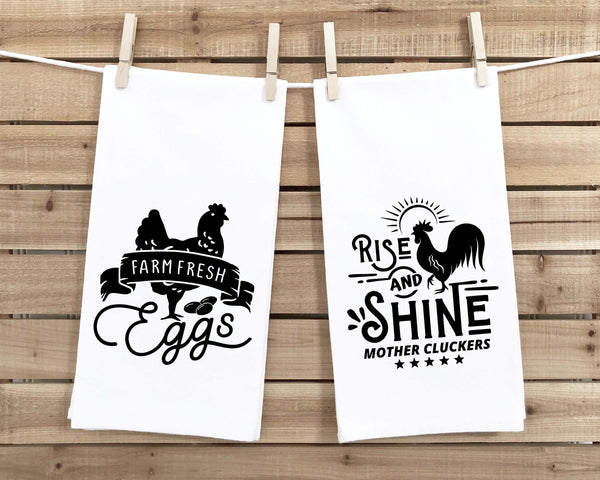 Farm Fresh Eggs and Rise and Shine Mother Cluckers Set of 2 Funny Farmhouse Kitchen Tea Towels Home Decor Housewarming Gift Idea for Women
