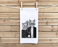 American Gothic Cats Parody Flour Sack Kitchen Towel with Hanging Loop Funny Cute Dish Cloth Housewarming Hostess Mothers Day Cat Lover Gift