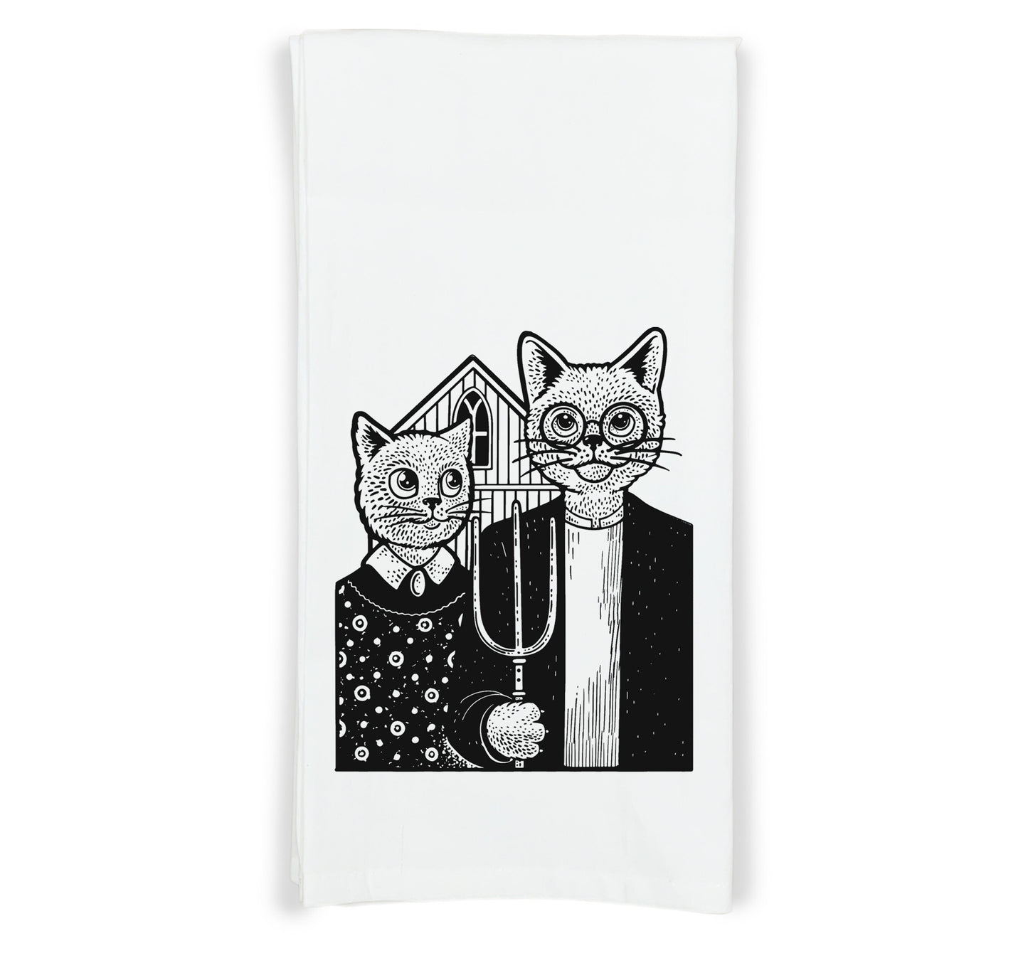 American Gothic Cats Parody Flour Sack Kitchen Towel with Hanging Loop Funny Cute Dish Cloth Housewarming Hostess Mothers Day Cat Lover Gift