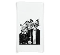 American Gothic Cats Parody Flour Sack Kitchen Towel with Hanging Loop Funny Cute Dish Cloth Housewarming Hostess Mothers Day Cat Lover Gift