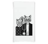 American Gothic Cats Parody Flour Sack Kitchen Towel with Hanging Loop Funny Cute Dish Cloth Housewarming Hostess Mothers Day Cat Lover Gift