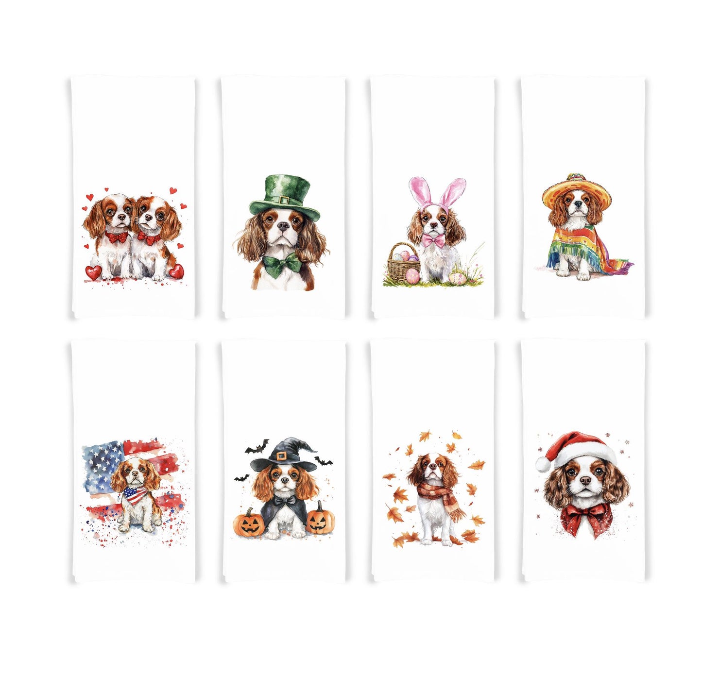 Cavalier King Charles Spaniel Holiday Towel Set of 8 Valentine St Patrick Cinco de Mayo Easter 4th of July Halloween Thanksgiving Christmas