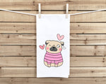 Pug with Pink Shirt and Hearts Kitchen Towel - Cute 100% Cotton Flour Sack Tea Towels - Gift Idea for Dog Lover Owner Birthday Mother's Day