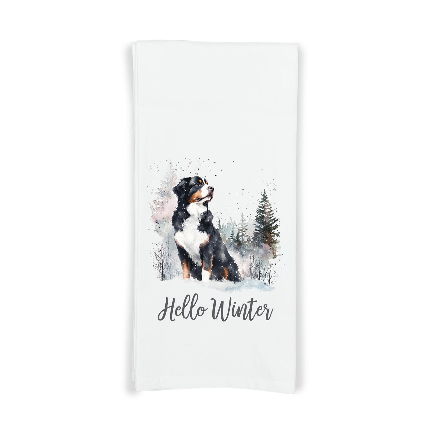 Bernese Mountain Dog Hello Winter Flour Sack Kitchen Towel Cute Berner Dog Autumn Birthday Christmas Gift Idea for Women Men Dog Lover Owner
