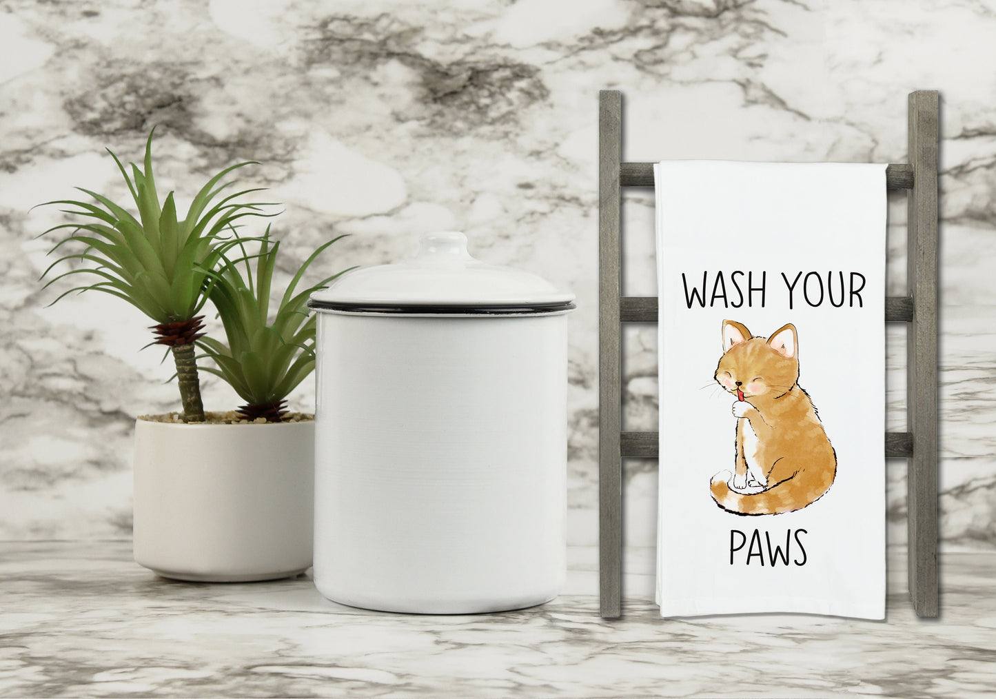Wash Your Paws Cat Flour Sack Kitchen Towel with Hanging Loop Funny Cute Dish Cloth Housewarming Hostess Mothers Day Cat Lover Gift