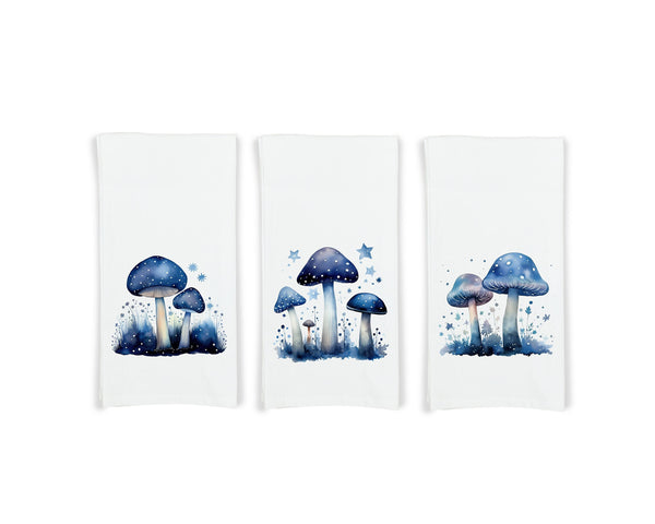 Midnight Blue Mushrooms Set of 3 Flour Sack Kitchen Tea Hand Towels Fall Autumn Home Decor Mushroom Lover