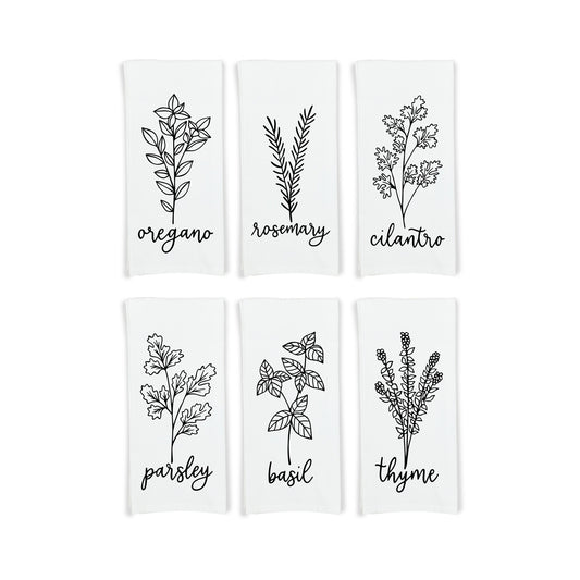 Herb Flour Sack Kitchen Towels - Set of 6 Oregano Rosemary Cilantro Mint Basil Thyme Farmhouse Birthday Christmas Mothers Day Gift for Women