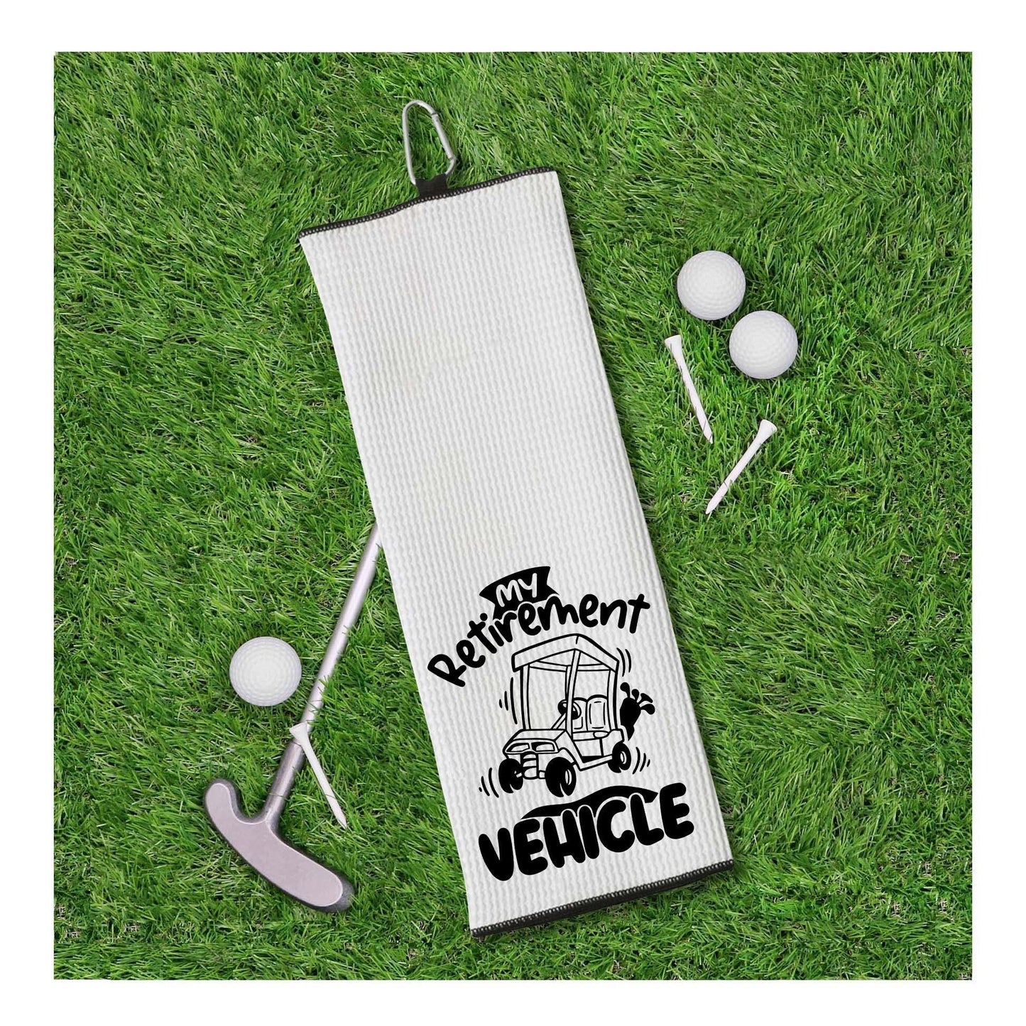 My Retirement Vehicle Tri-fold Golf Towel with Clip 100% Microfiber Waffle Weave Black White Gift Idea for Golfer Retiring Men Women