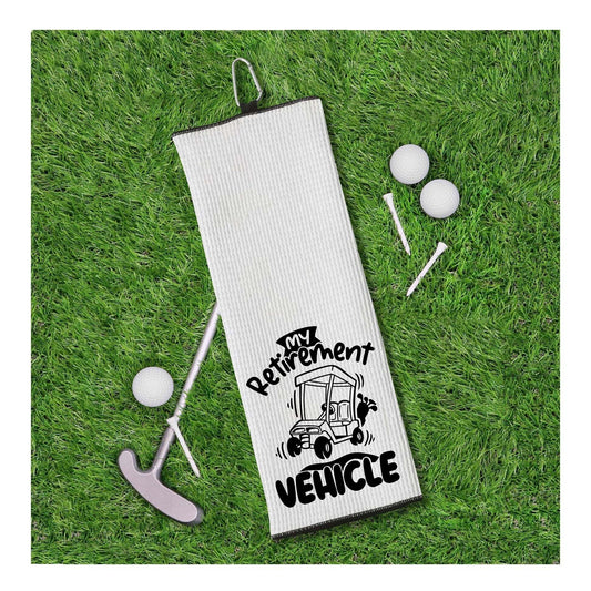 My Retirement Vehicle Tri-fold Golf Towel with Clip 100% Microfiber Waffle Weave Black White Gift Idea for Golfer Retiring Men Women