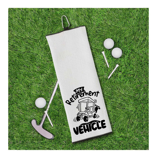 My Retirement Vehicle Tri-fold Golf Towel with Clip 100% Microfiber Waffle Weave Black White Gift Idea for Golfer Retiring Men Women