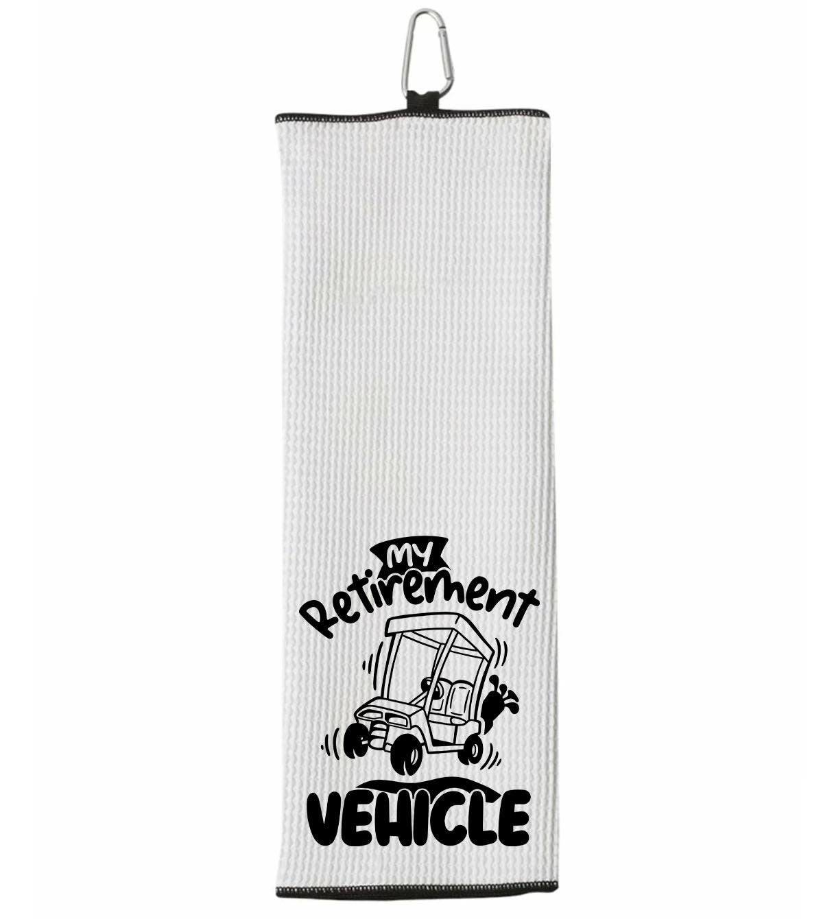 My Retirement Vehicle Tri-fold Golf Towel with Clip 100% Microfiber Waffle Weave Black White Gift Idea for Golfer Retiring Men Women