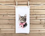 Set of 2 Gray Tabby Cat Flour Sack Kitchen Towels Cute Pink Bow Coquette Girly Kitten Tea Towel Housewarming Hostess Birthday Christmas Gift