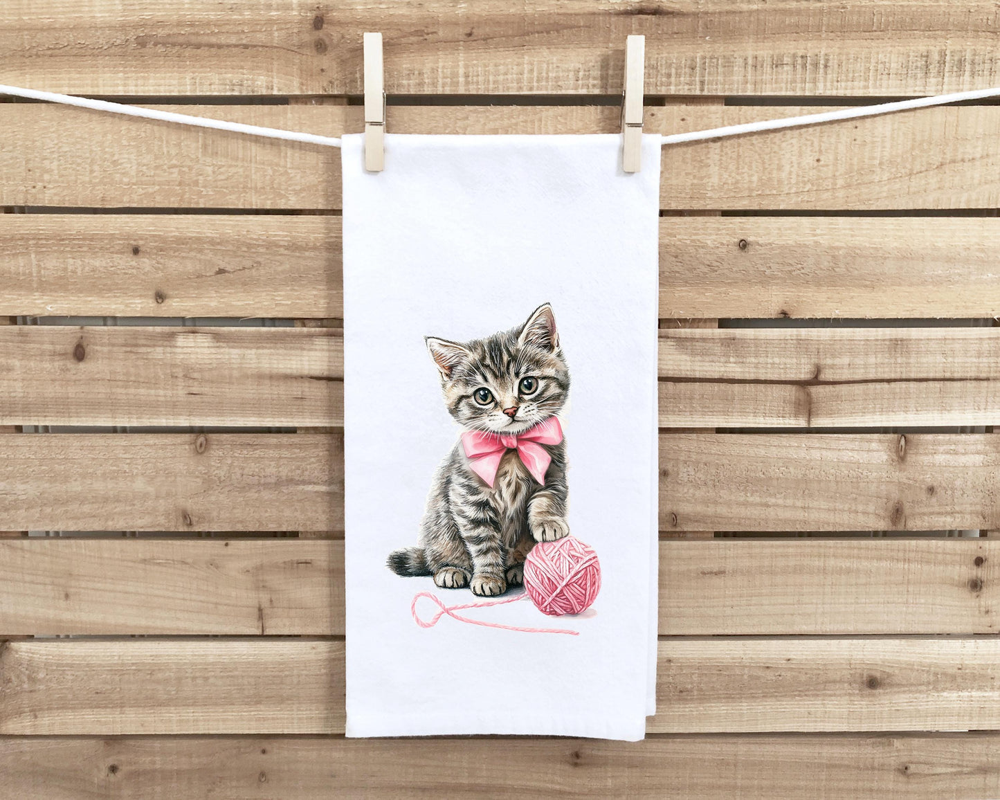 Set of 2 Gray Tabby Cat Flour Sack Kitchen Towels Cute Pink Bow Coquette Girly Kitten Tea Towel Housewarming Hostess Birthday Christmas Gift