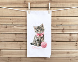 Set of 2 Gray Tabby Cat Flour Sack Kitchen Towels Cute Pink Bow Coquette Girly Kitten Tea Towel Housewarming Hostess Birthday Christmas Gift