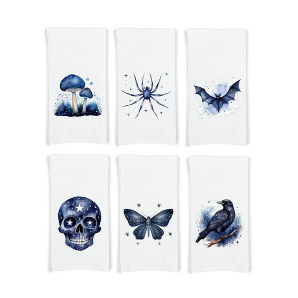 Midnight Blue Halloween Flour Sack Kitchen Towels Spider Skull Raven Bat Mushrooms Birthday Christmas Housewarming Hostess Halloween Gift