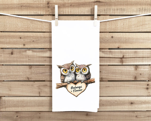 Owlways and Forever Owl Tea Towel, 27x27 Flour Sack Hand Towel, Valentine's Day Birthday Mother's Day Christmas Gift Idea for Owl Lover