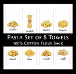 Pasta Kitchen Towel Set of 8 - Penne, Ravioli, Rigatoni, Linguini, Farfalle, Fusilli, Tortellini and Spaghetti, Gift Idea for Pasta Lover