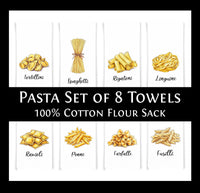 Pasta Kitchen Towel Set of 8 - Penne, Ravioli, Rigatoni, Linguini, Farfalle, Fusilli, Tortellini and Spaghetti, Gift Idea for Pasta Lover