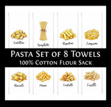 Pasta Kitchen Towel Set of 8 - Penne, Ravioli, Rigatoni, Linguini, Farfalle, Fusilli, Tortellini and Spaghetti, Gift Idea for Pasta Lover