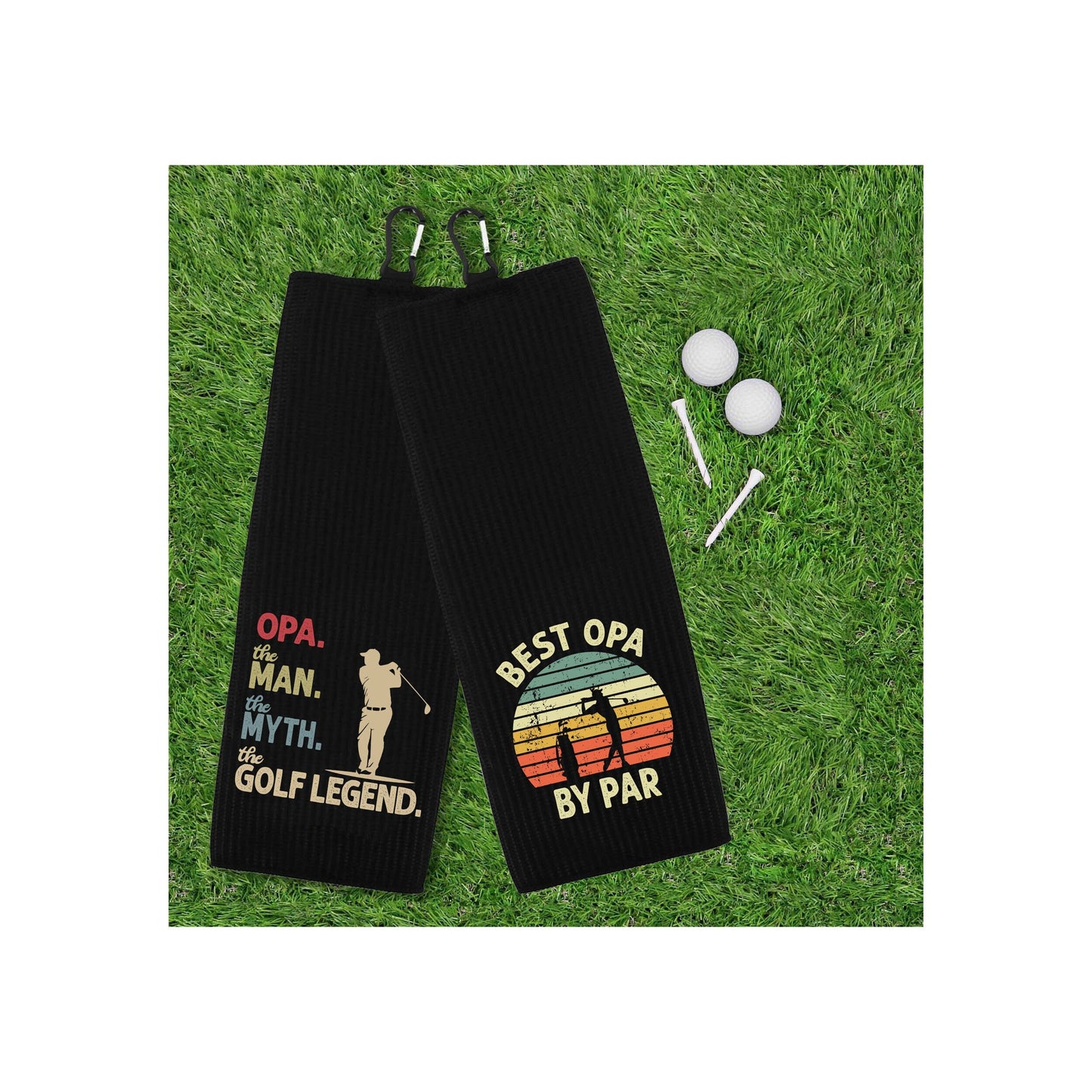 Opa the Man the Myth the Golf Legend and Best Opa by Par Set of 2 Tri-fold Golf Towel w/ Clip 100% Microfiber Waffle Weave Gift for Men