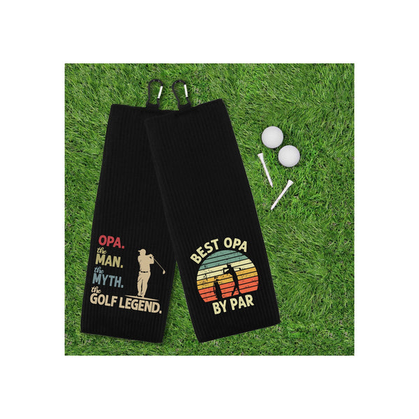 Opa the Man the Myth the Golf Legend and Best Opa by Par Set of 2 Tri-fold Golf Towel w/ Clip 100% Microfiber Waffle Weave Gift for Men