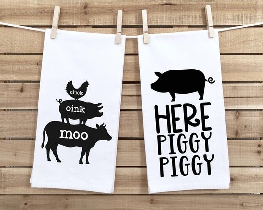 Set of 2 Farmhouse Flour Sack Towels Two Funny Kitchen Decor Cluck Oink Moo Here Piggy Piggy Birthday Christmas Housewarming Hostess Gift