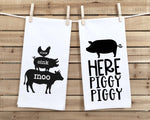 Set of 2 Farmhouse Flour Sack Towels Two Funny Kitchen Decor Cluck Oink Moo Here Piggy Piggy Birthday Christmas Housewarming Hostess Gift