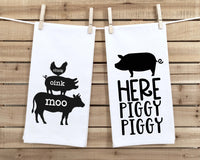 Set of 2 Farmhouse Flour Sack Towels Two Funny Kitchen Decor Cluck Oink Moo Here Piggy Piggy Birthday Christmas Housewarming Hostess Gift