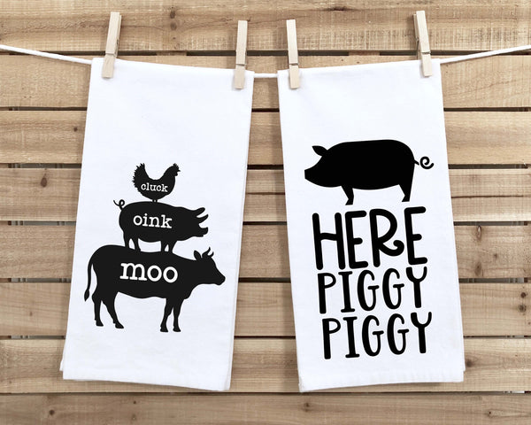 Set of 2 Farmhouse Flour Sack Towels Two Funny Kitchen Decor Cluck Oink Moo Here Piggy Piggy Birthday Christmas Housewarming Hostess Gift