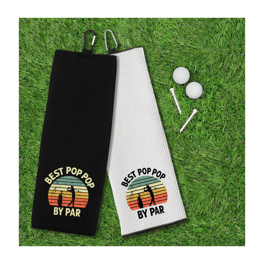Best Pop Pop By Par Tri-fold Golf Towel with Clip 100% Microfiber Waffle Weave Black White Gift Idea for Golfer Men Grandfather
