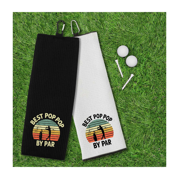 Best Pop Pop By Par Tri-fold Golf Towel with Clip 100% Microfiber Waffle Weave Black White Gift Idea for Golfer Men Grandfather