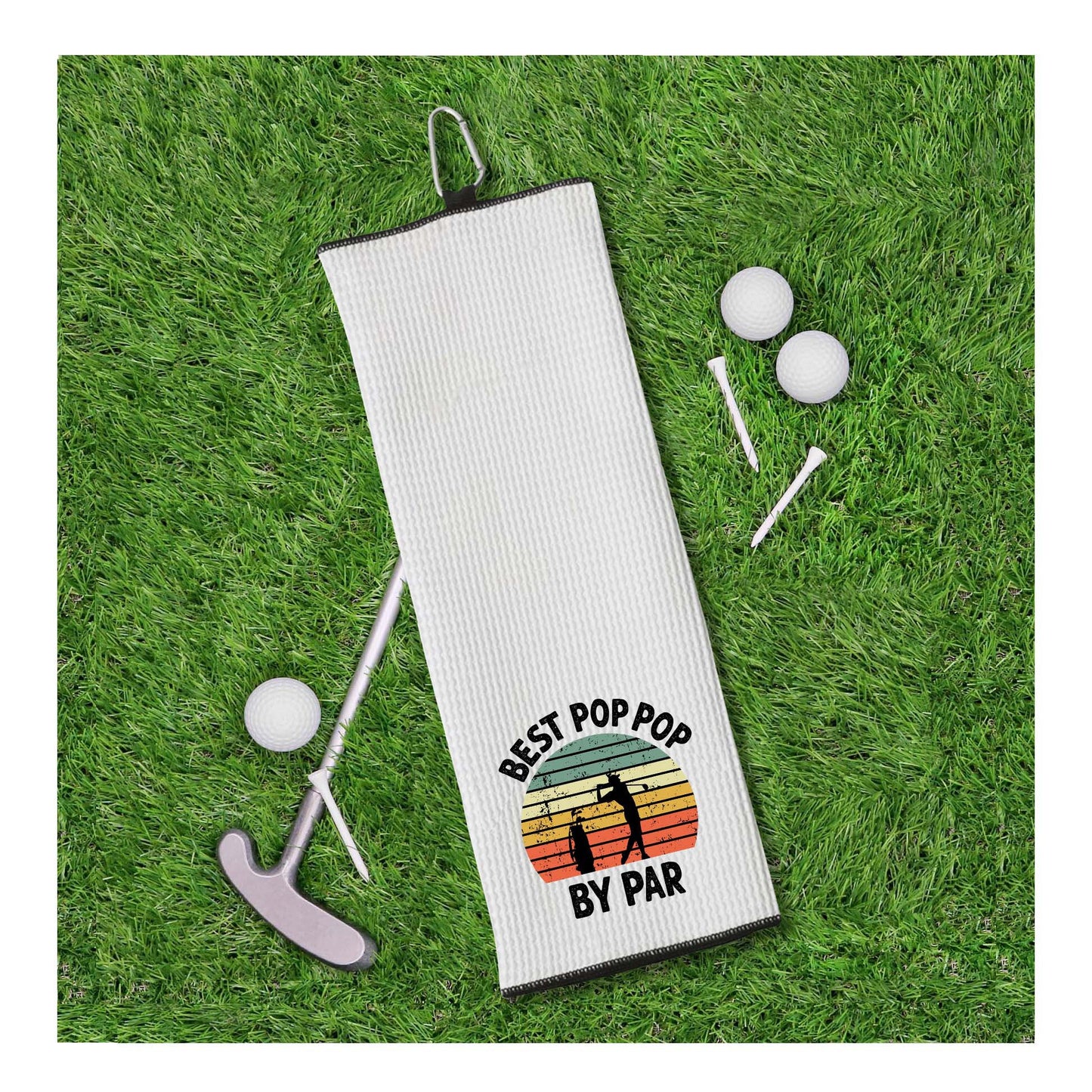 Best Pop Pop By Par Tri-fold Golf Towel with Clip 100% Microfiber Waffle Weave Black White Gift Idea for Golfer Men Grandfather