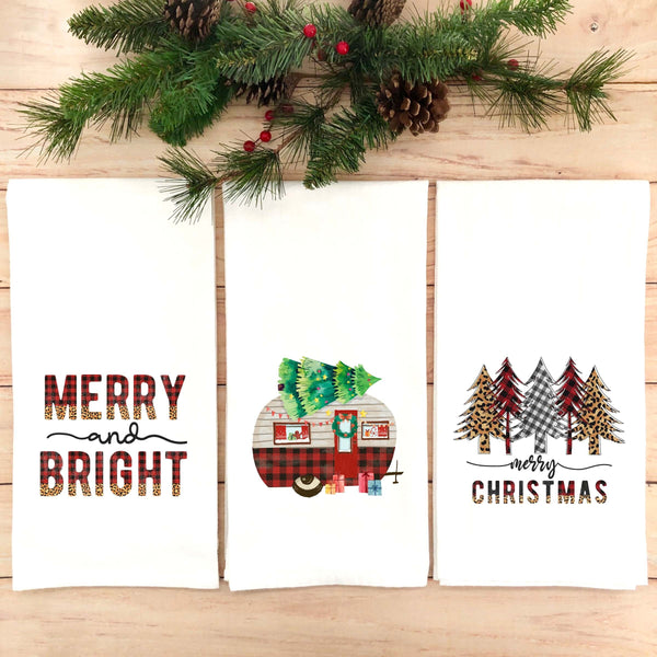 Set of 3 Buffalo Plaid Leopard Print Chrismas Camper Flour Sack Towels Hanging Loop Dish Hand Kitchen RV Travel Trailer Decor Holiday Gift
