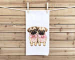 Two Coquette Pugs with Pink Bows Cute 100% Cotton Flour Sack Tea Towel for Pug Dog Lover Owner Birthday Mother's Day Gift Idea