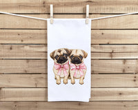 Two Coquette Pugs with Pink Bows Cute 100% Cotton Flour Sack Tea Towel for Pug Dog Lover Owner Birthday Mother's Day Gift Idea