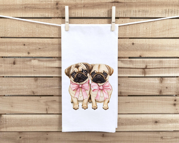 Two Coquette Pugs with Pink Bows Cute 100% Cotton Flour Sack Tea Towel for Pug Dog Lover Owner Birthday Mother's Day Gift Idea