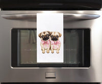 Two Coquette Pugs with Pink Bows Cute 100% Cotton Flour Sack Tea Towel for Pug Dog Lover Owner Birthday Mother's Day Gift Idea