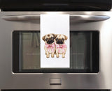 Two Coquette Pugs with Pink Bows Cute 100% Cotton Flour Sack Tea Towel for Pug Dog Lover Owner Birthday Mother's Day Gift Idea