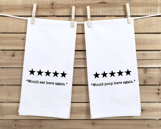 Five Stars Would Eat Here Again and Poop Here Again Set of 2 hand Towels Funny Cute Home Decor Housewarming Hostess Gift Idea for Women Men