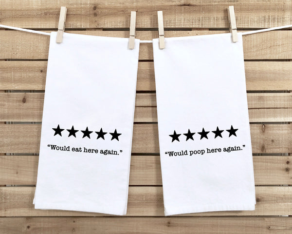 Five Stars Would Eat Here Again and Poop Here Again Set of 2 hand Towels Funny Cute Home Decor Housewarming Hostess Gift Idea for Women Men
