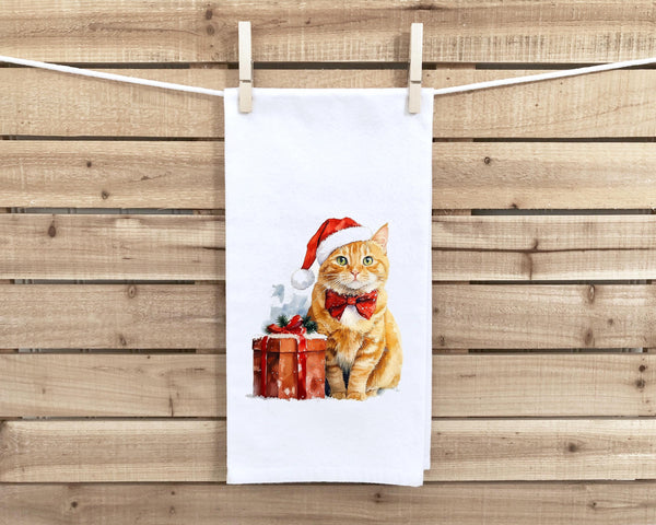 Orange Tabby Cat Christmas Flour Sack Kitchen Towel Cute Xmas Kitty Dish Cloth Housewarming Hostess Birthday Christmas Gift