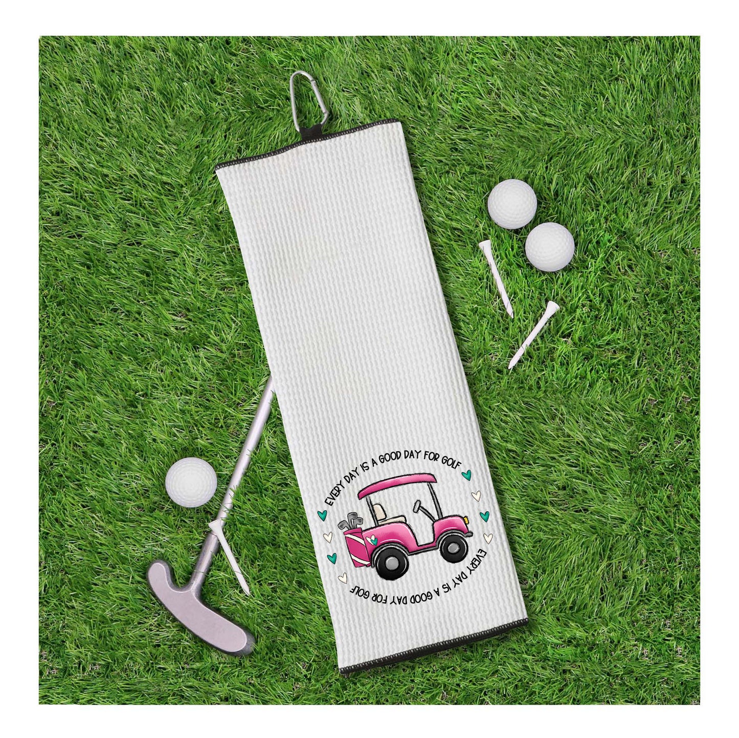 Set of 2 Golf Towels - Let's Par Tee - Every Day Is a Good Day for Golf - Tri-fold 100% Microfiber Waffle Weave with Clip Gift for Women