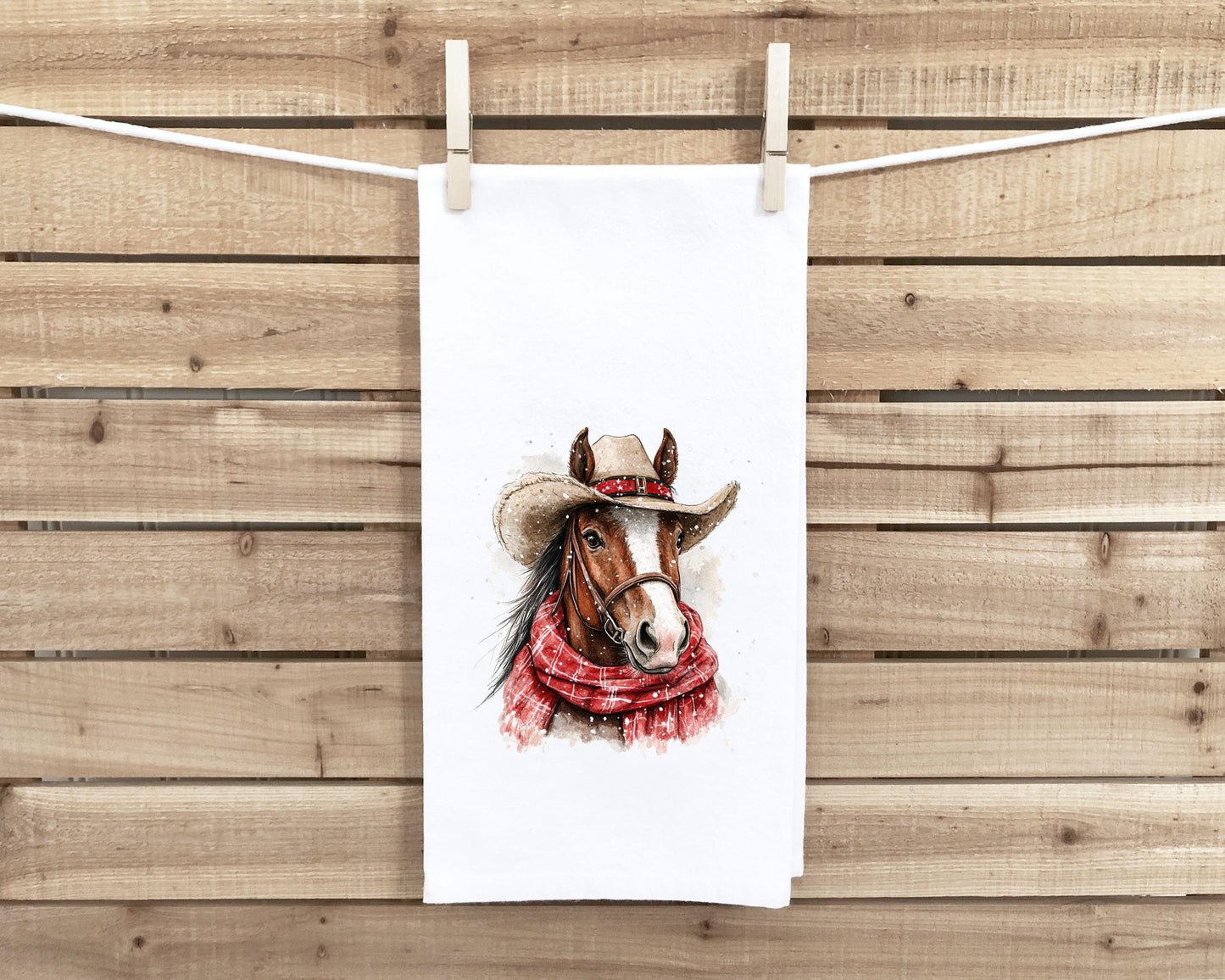 Winter Cowboy Horse Flour Sack Hand Towel with Hanging Loop Country Desert Western Christmas Holiday Home Kitchen Bathroom Decor Gift Idea