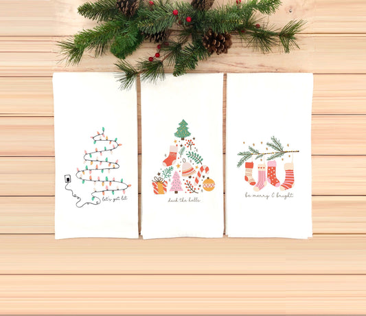 Set of 3 Pastel Christmas Flour Sack Dish Towels Hanging Loop Pink Red Green Dish Hand Towel Holiday Kitchen Decor Hostess Gift for Women