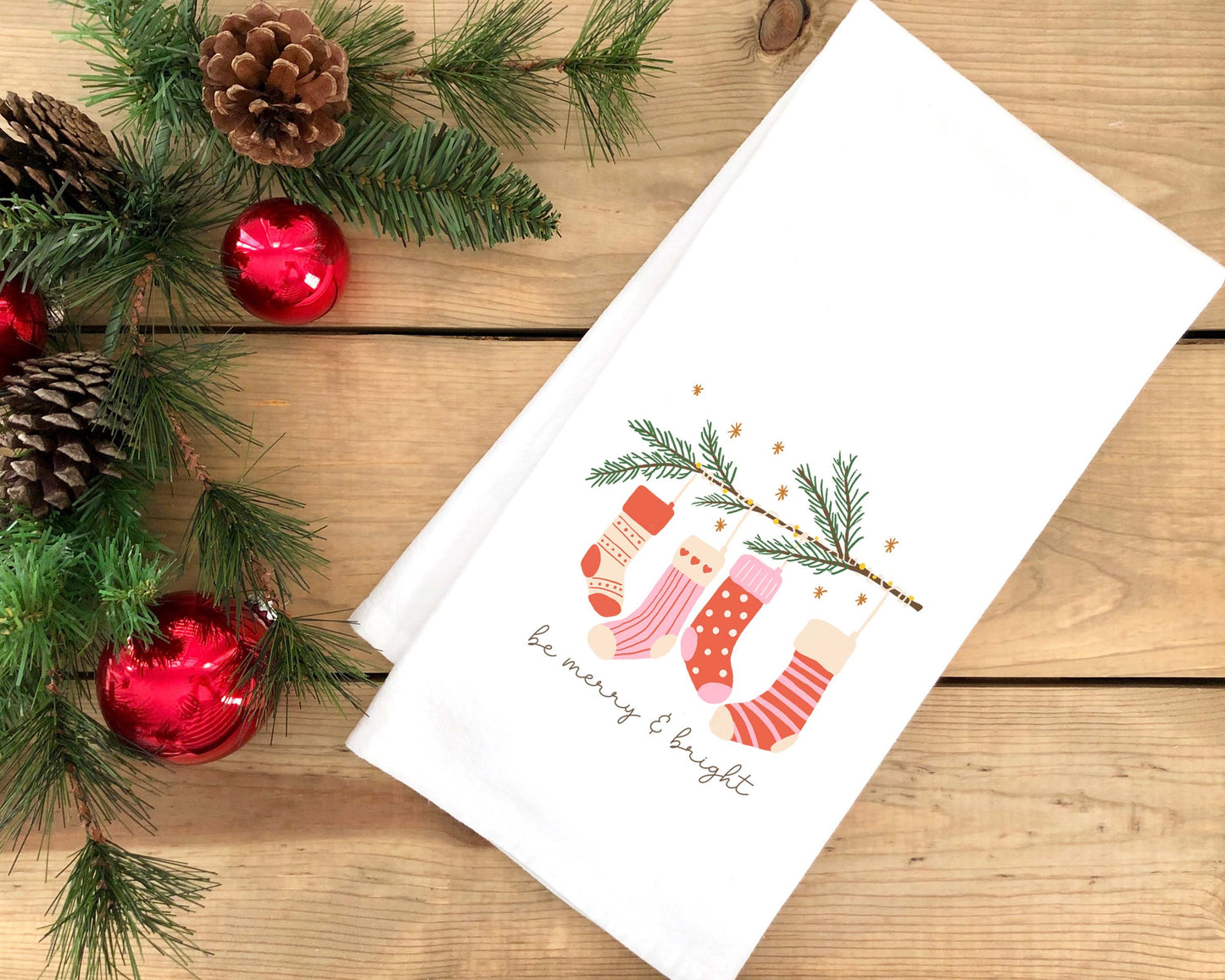 Set of 3 Pastel Christmas Flour Sack Dish Towels Hanging Loop Pink Red Green Dish Hand Towel Holiday Kitchen Decor Hostess Gift for Women